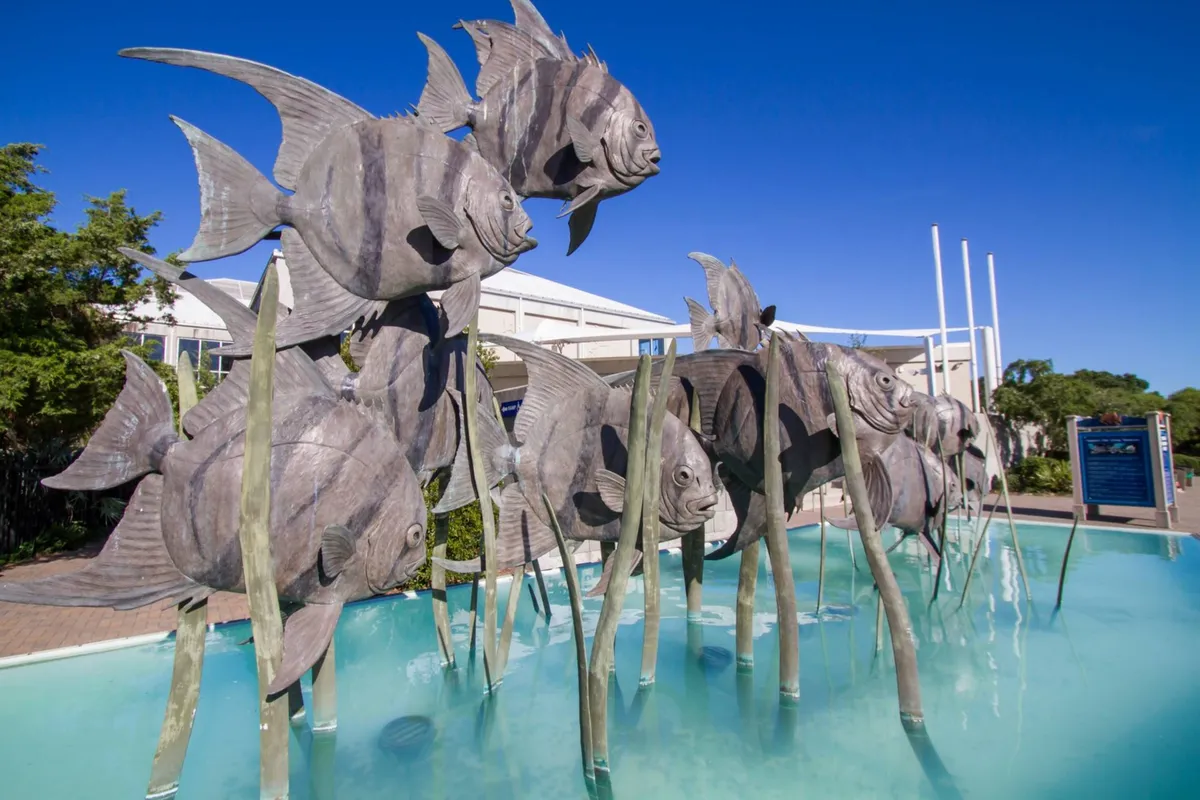 An exterior shot featuring a sculpture of fish and a water feature set within lush greenery. The scene evokes an inviting outdoor environment ideal for gatherings and leisurely moments, suggesting a space where guests might dine or entertain al fresco.